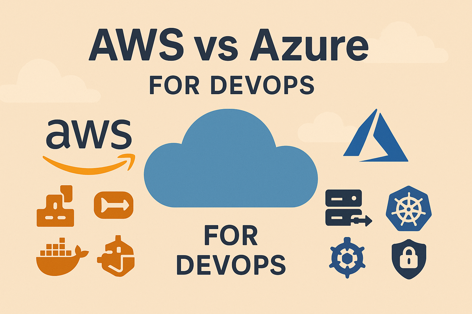 Illustration comparing AWS and Azure for DevOps with cloud icons and platform-specific service logos