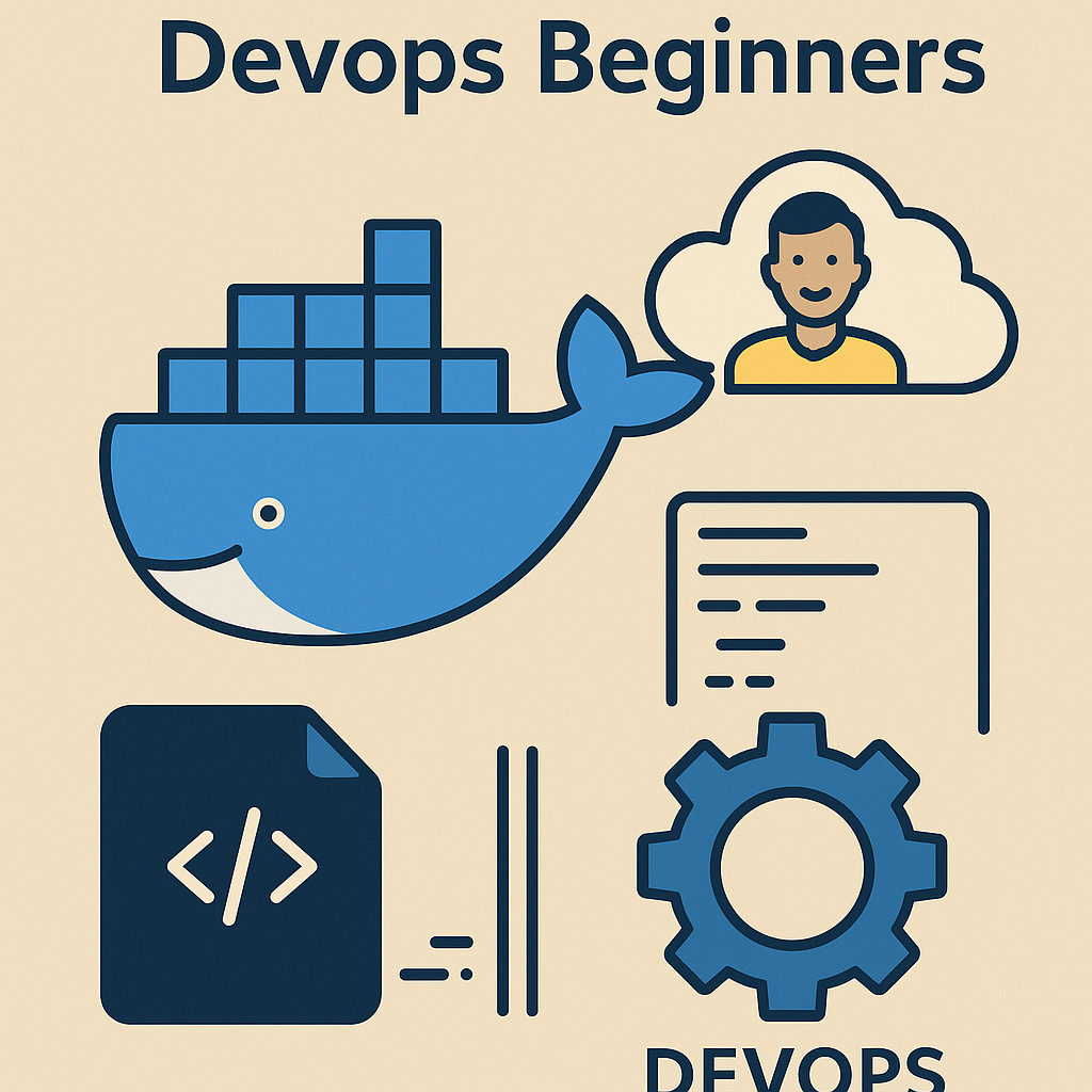 Docker for DevOps Beginners illustration with Docker whale, code icon, DevOps tools, and beginner figure on beige background