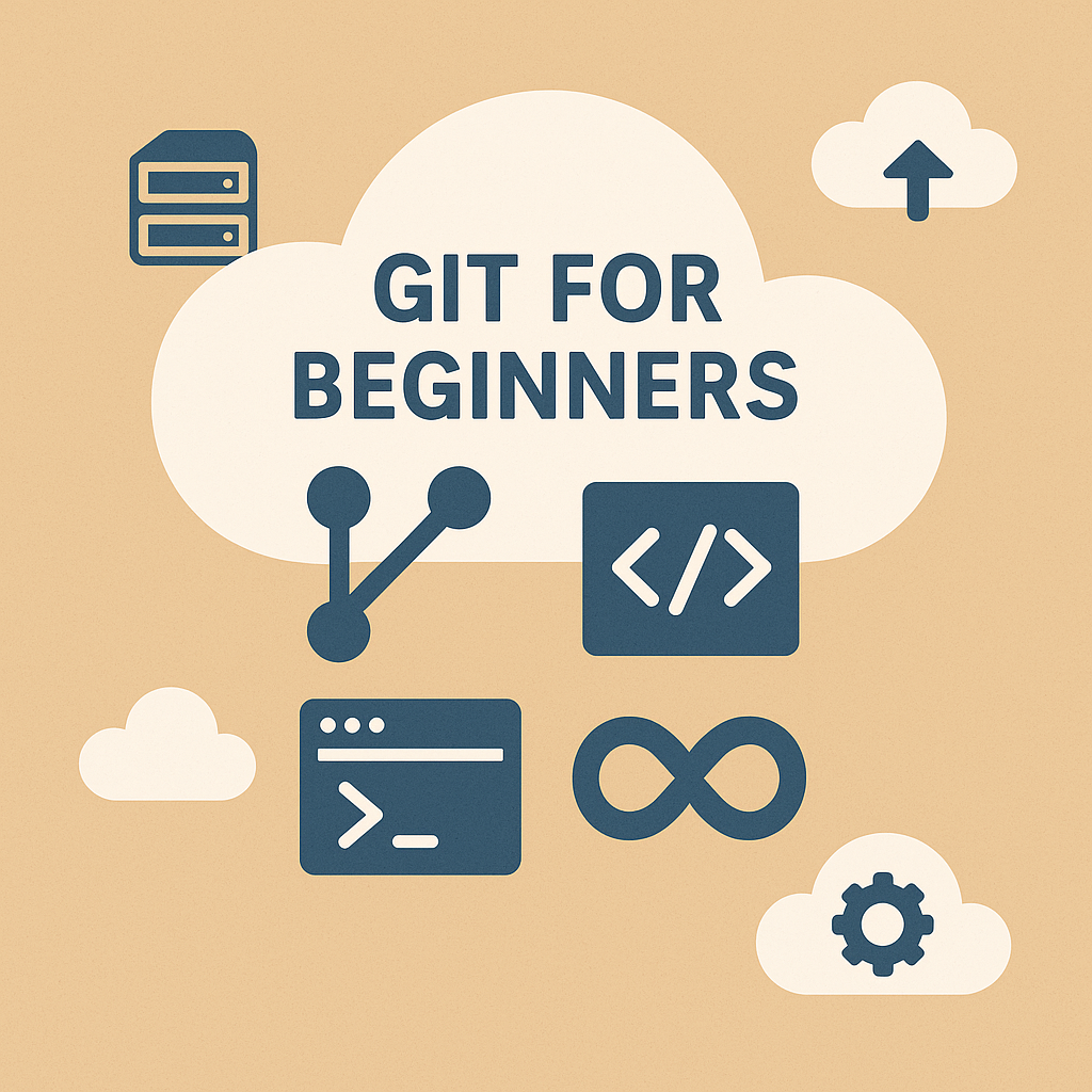 Git for Beginners cloud illustration with DevOps icons representing branching, coding, command line, and automation