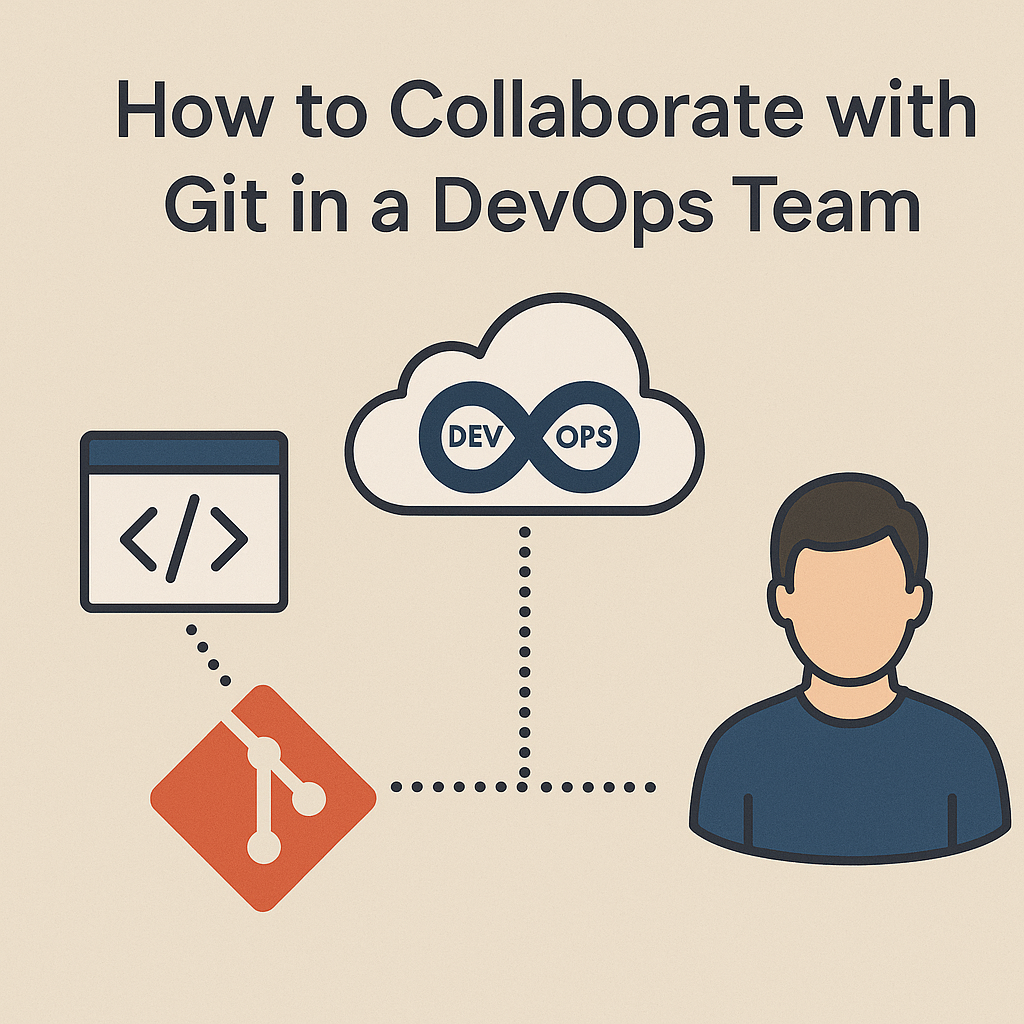Collaborating with Git in a DevOps team illustration showing developers using branches, pull requests, and version control tools on a beige background
