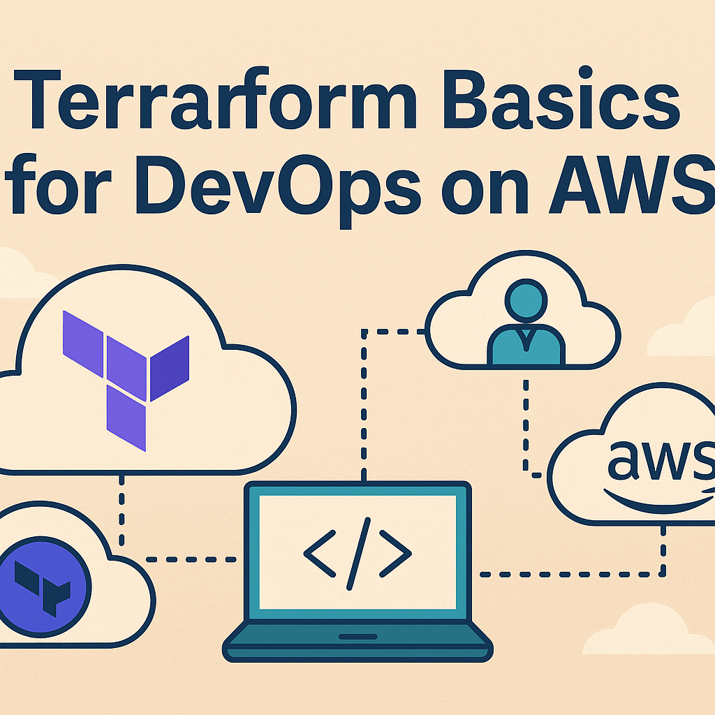 Terraform Basics for DevOps on AWS illustrated with icons for cloud infrastructure, IaC, and AWS automation